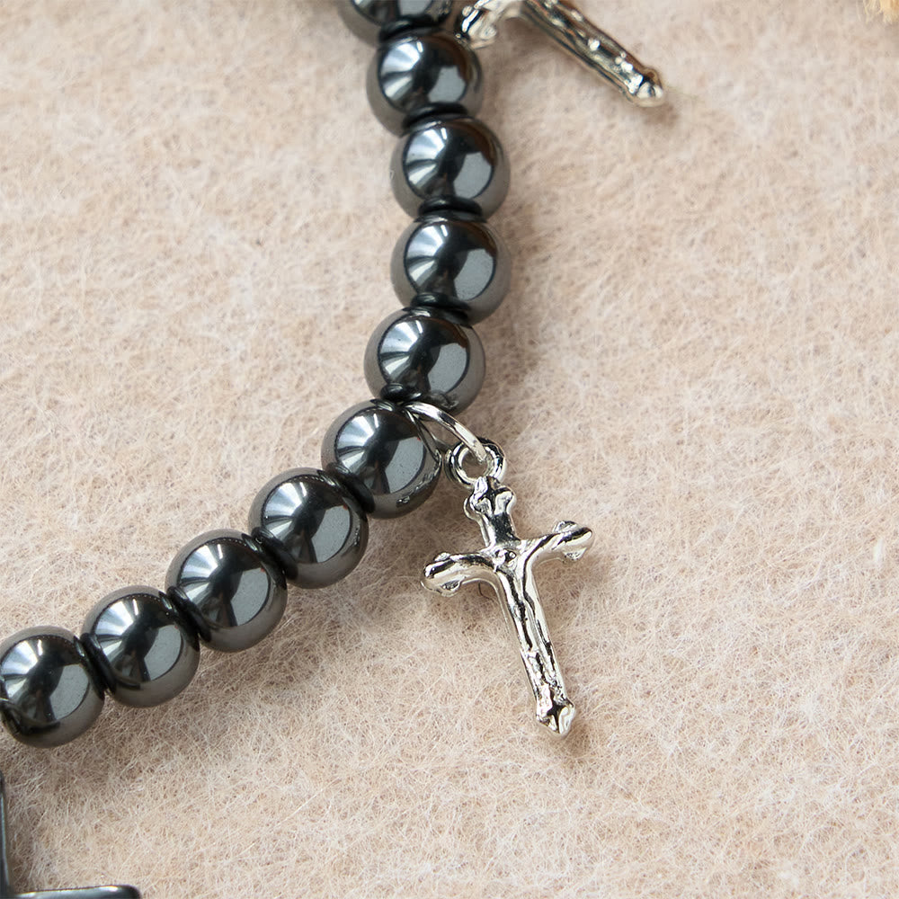 Christianartworkshop Hematite Bead Cross Pendant Bracelet with Mini Cross Charms: A Symbol of Divine Protection & Faith - image 4