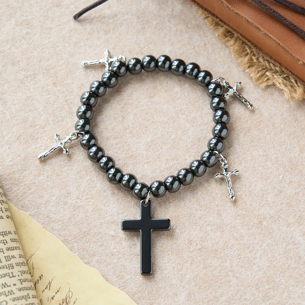 Christianartworkshop Hematite Bead Cross Pendant Bracelet with Mini Cross Charms: A Symbol of Divine Protection & Faith - Black - image 0