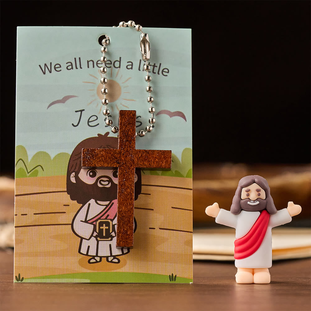 小物 JUSUS Mini Jesus Figurine Gift Set with Wooden Cross Pendant & Scripture