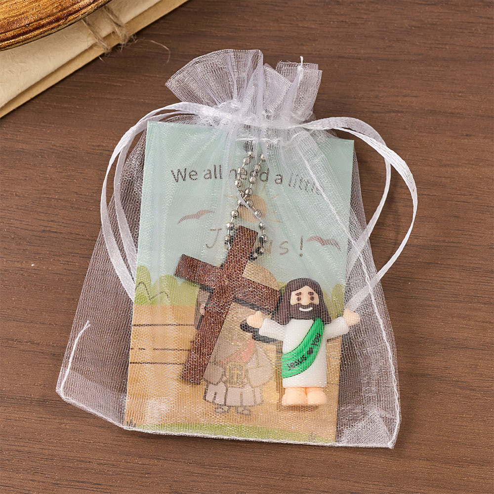 Mini Jesus Figurine Gift Set with Wooden Cross Pendant & Scripture
