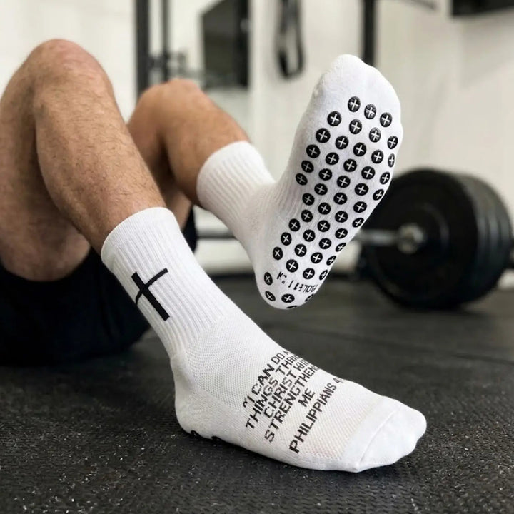 Christianartworkshop Scripture-Emblazoned Anti-Slip Soccer Socks: PHILIPPIANS 4:13 & PROVERBS 3:5 - White - 10 Pairs - image 0