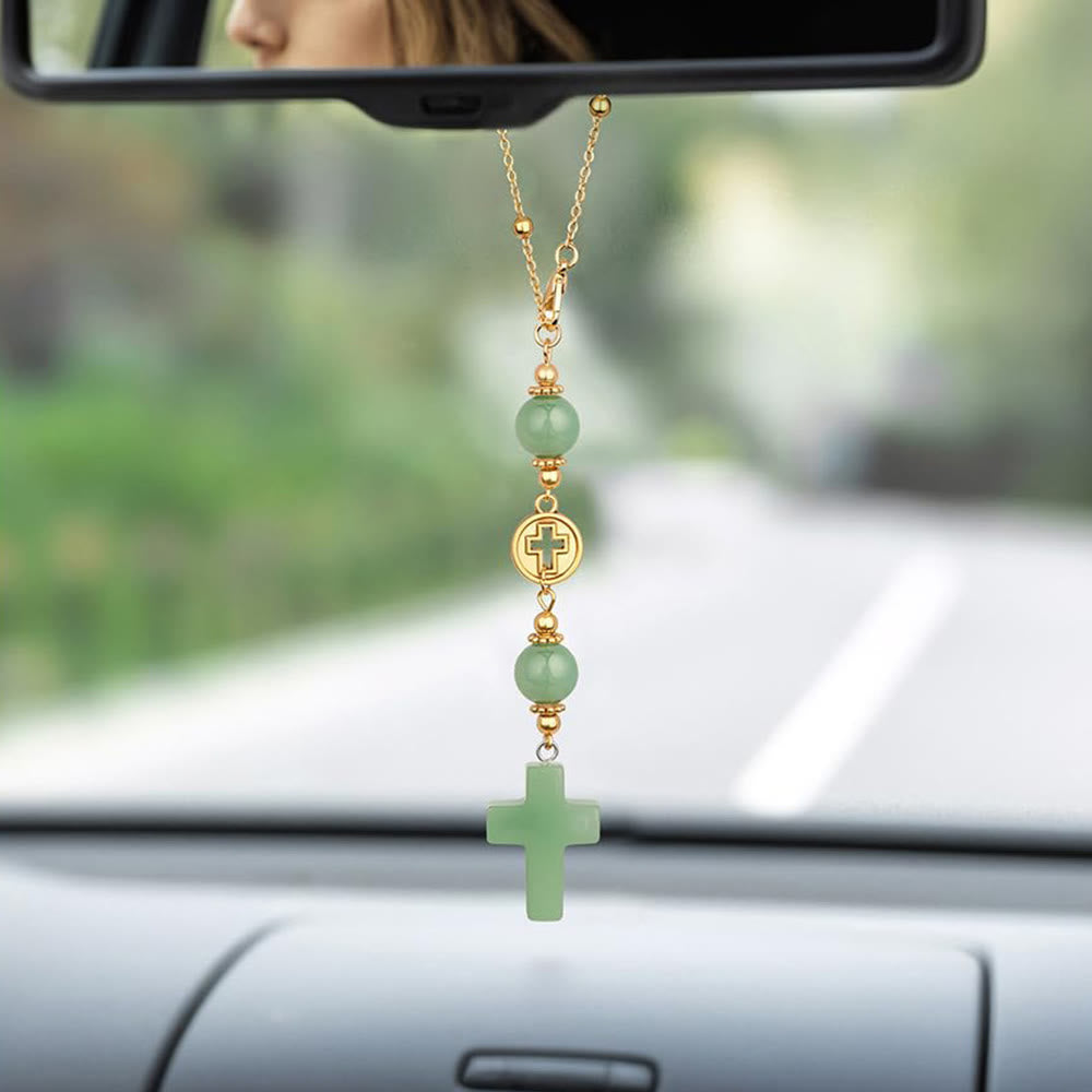 Christianartworkshop Natural Crystal Cross Car Pendant with Gold Bead Chain: A Sacred Accompaniment for Every Drive - Green Aventurine - image 8