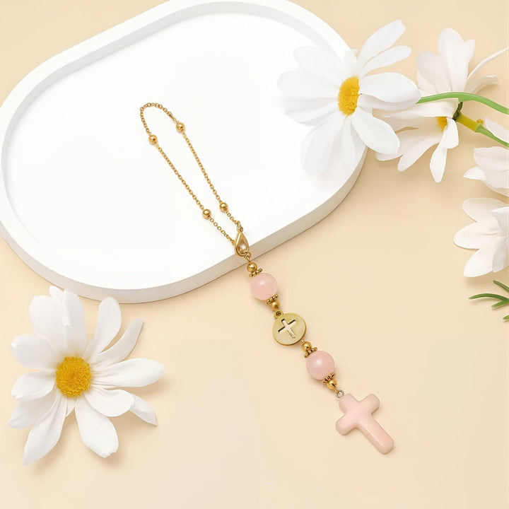 Christianartworkshop Natural Crystal Cross Car Pendant with Gold Bead Chain: A Sacred Accompaniment for Every Drive - image 7