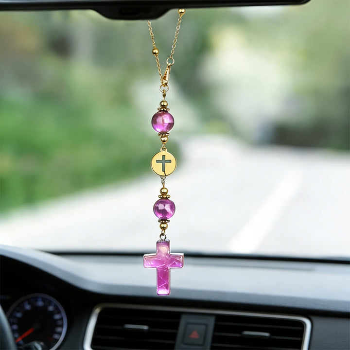 Christianartworkshop Natural Crystal Cross Car Pendant with Gold Bead Chain: A Sacred Accompaniment for Every Drive - Amethyst - image 13