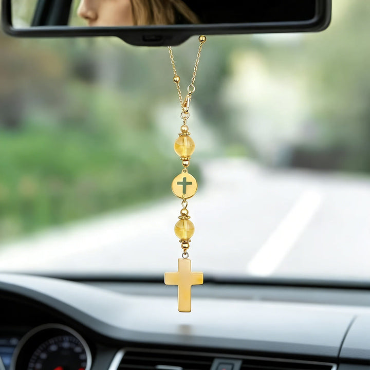 Christianartworkshop Natural Crystal Cross Car Pendant with Gold Bead Chain: A Sacred Accompaniment for Every Drive - Yellow Crystal - image 11