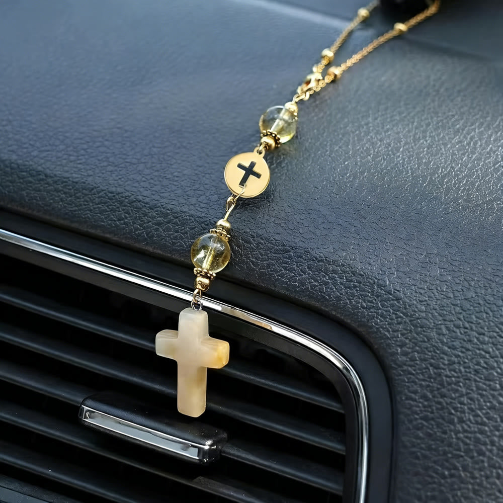 Christianartworkshop Natural Crystal Cross Car Pendant with Gold Bead Chain: A Sacred Accompaniment for Every Drive - image 12