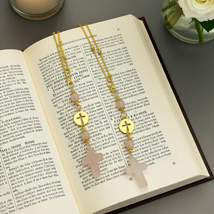 Christianartworkshop Natural Crystal Cross Car Pendant with Gold Bead Chain: A Sacred Accompaniment for Every Drive - image 6