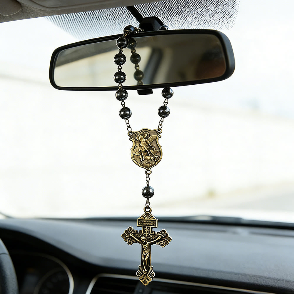 Christianartworkshop Hematite Bead Car Pendant with St. Michael Medal & Crucifix: A Gift of Heavenly Protection & Strength - image 0