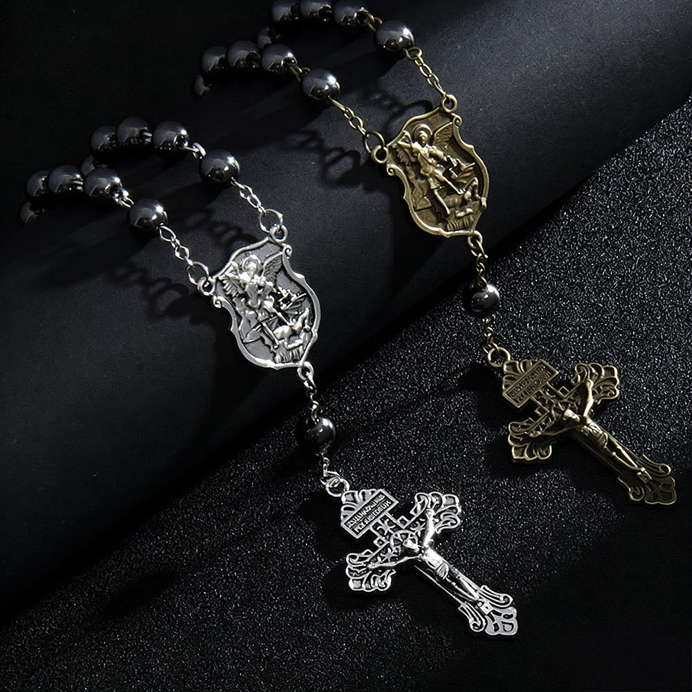 Christianartworkshop Hematite Bead Car Pendant with St. Michael Medal & Crucifix: A Gift of Heavenly Protection & Strength - Silver & Golden(2pcs) - image 2