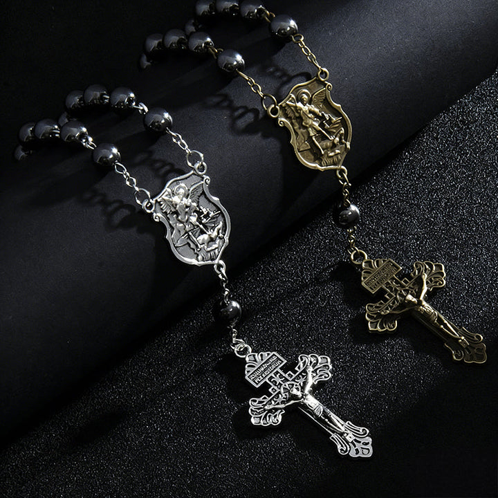 Christianartworkshop Hematite Bead Car Pendant with St. Michael Medal & Crucifix: A Gift of Heavenly Protection & Strength - Silver & Golden(2pcs) - image 2