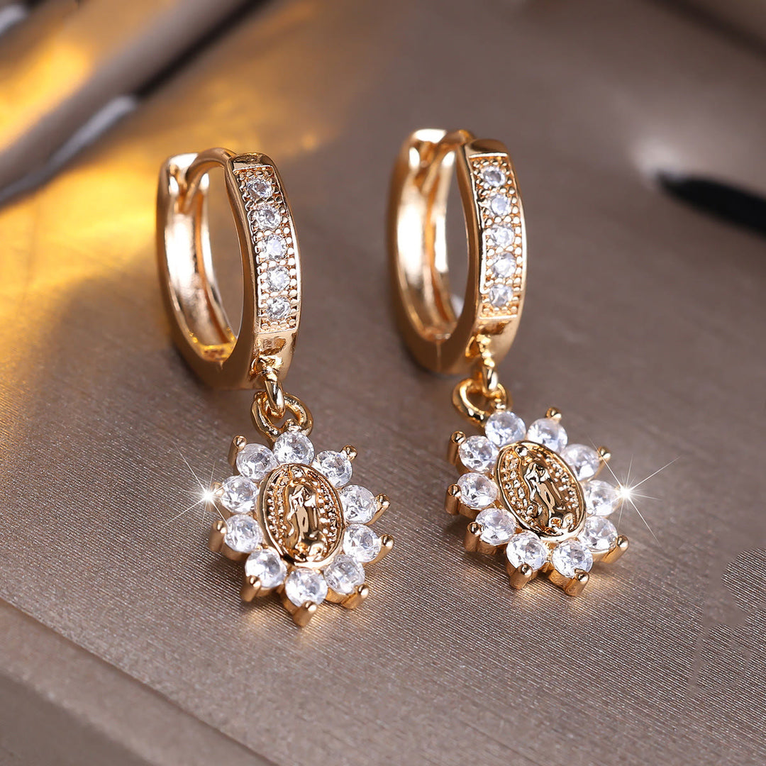 Christianartworkshop Our Lady Zircon Halo Huggie Earrings with Sunburst Medallion - image 2