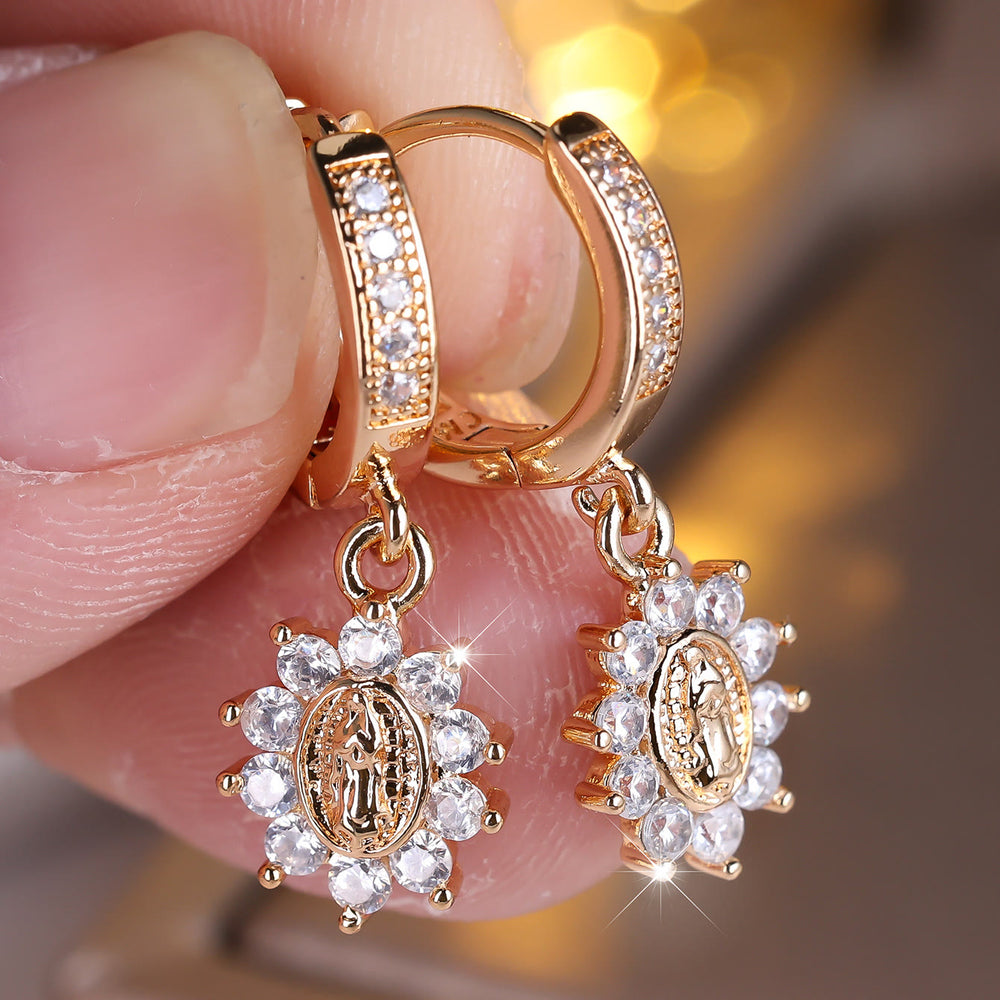 Christianartworkshop Our Lady Zircon Halo Huggie Earrings with Sunburst Medallion - image 1