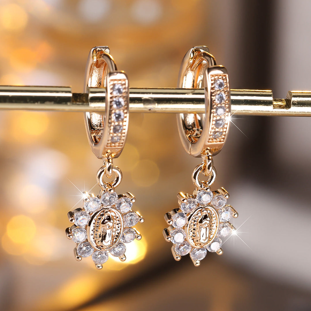 Christianartworkshop Our Lady Zircon Halo Huggie Earrings with Sunburst Medallion - Our Lady - image 0