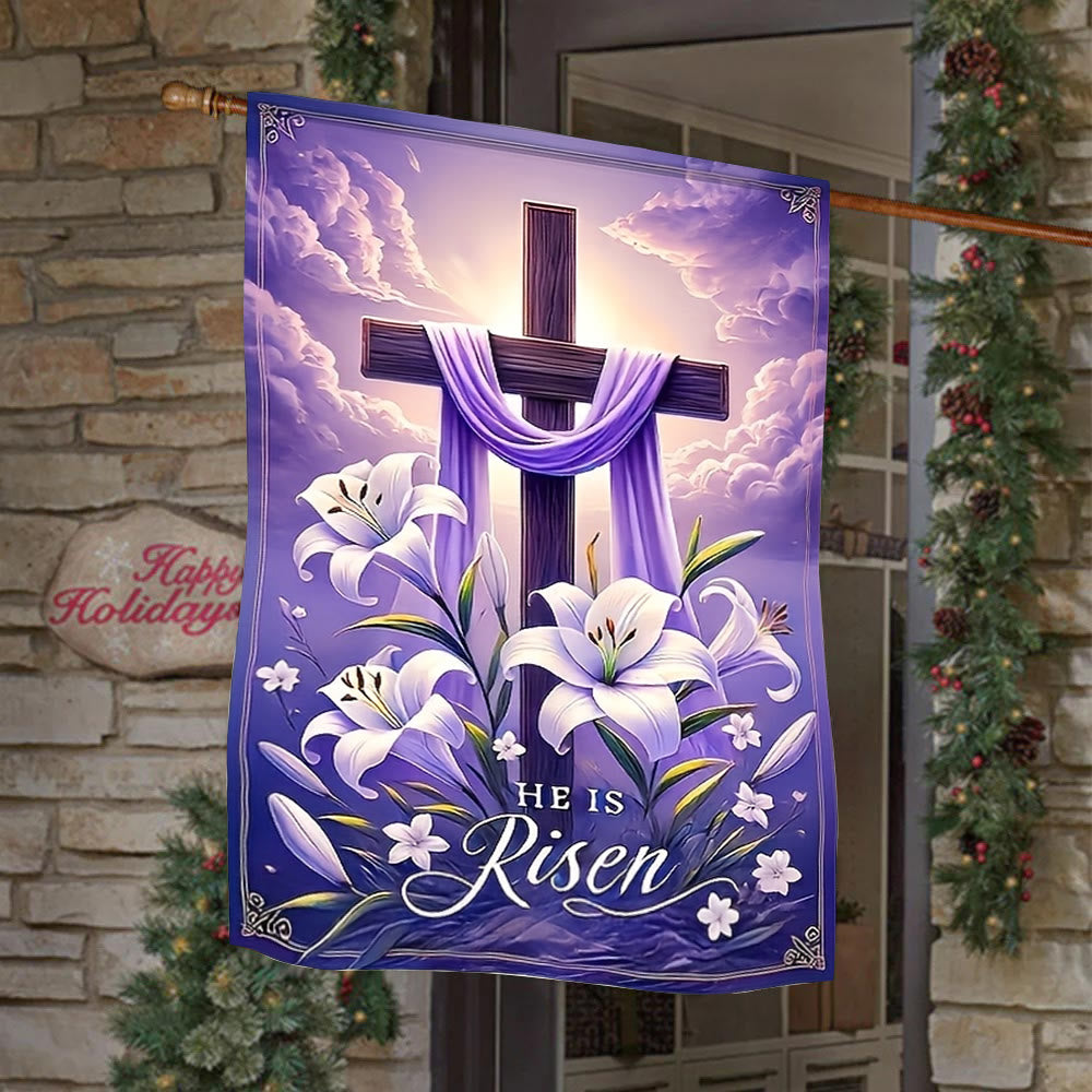 Christianartworkshop Resurrection Cross Garden Flag with Lilies & Purple Drape: A Token of Heavenly Joy - image 1