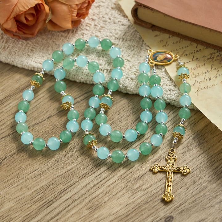 Christianartworkshop Aventurine & Aquamarine-Hued Glass Rosary with Our Lady Medal & Ornate Crucifix - image 3