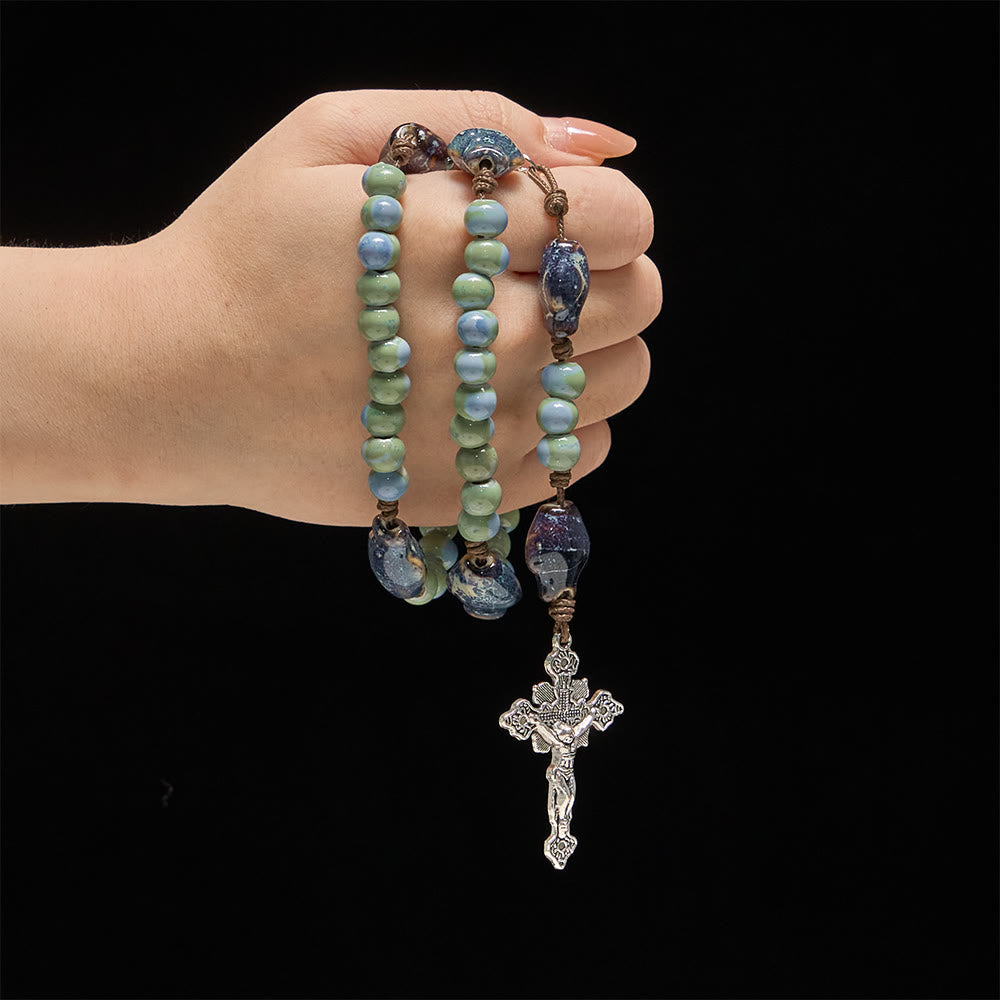 Christianartworkshop Orchid Fish Ceramic Spacer Rosary with Sacred Heart Accents & Ornate Crucifix - image 1