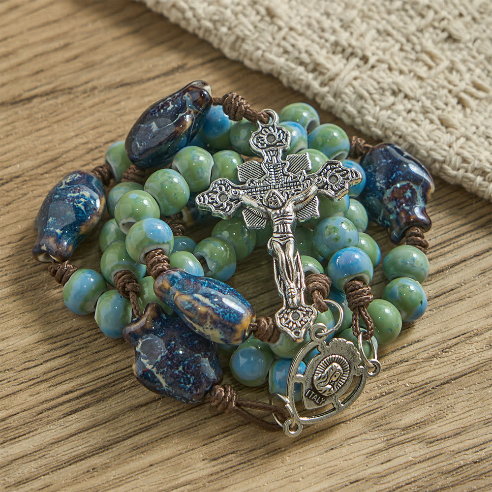 Christianartworkshop Orchid Fish Ceramic Spacer Rosary with Sacred Heart Accents & Ornate Crucifix - image 4