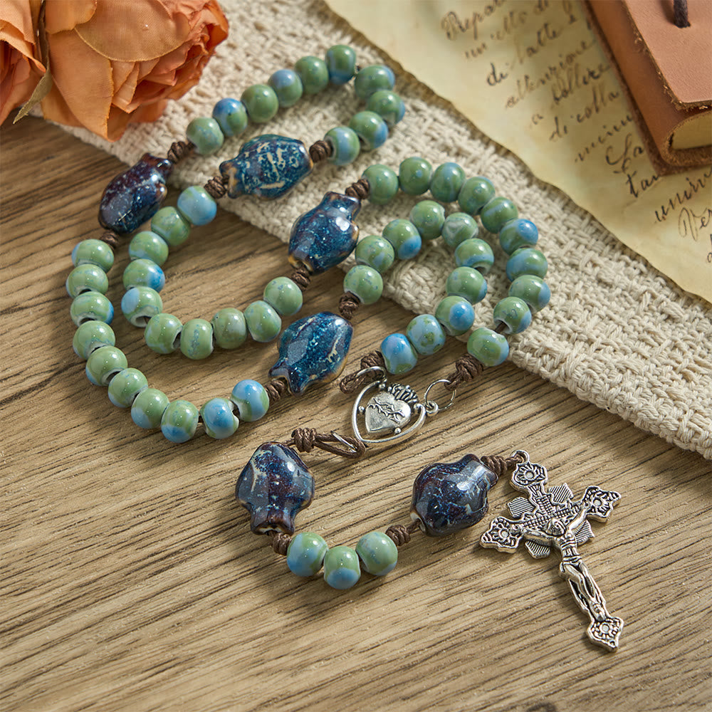 Christianartworkshop Orchid Fish Ceramic Spacer Rosary with Sacred Heart Accents & Ornate Crucifix - image 5