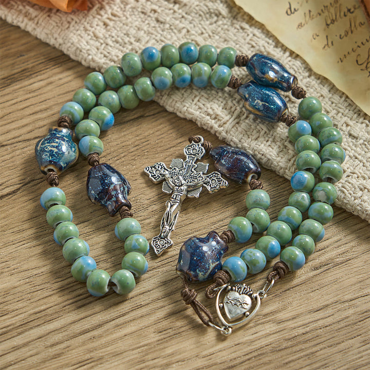 Christianartworkshop Orchid Fish Ceramic Spacer Rosary with Sacred Heart Accents & Ornate Crucifix - image 3
