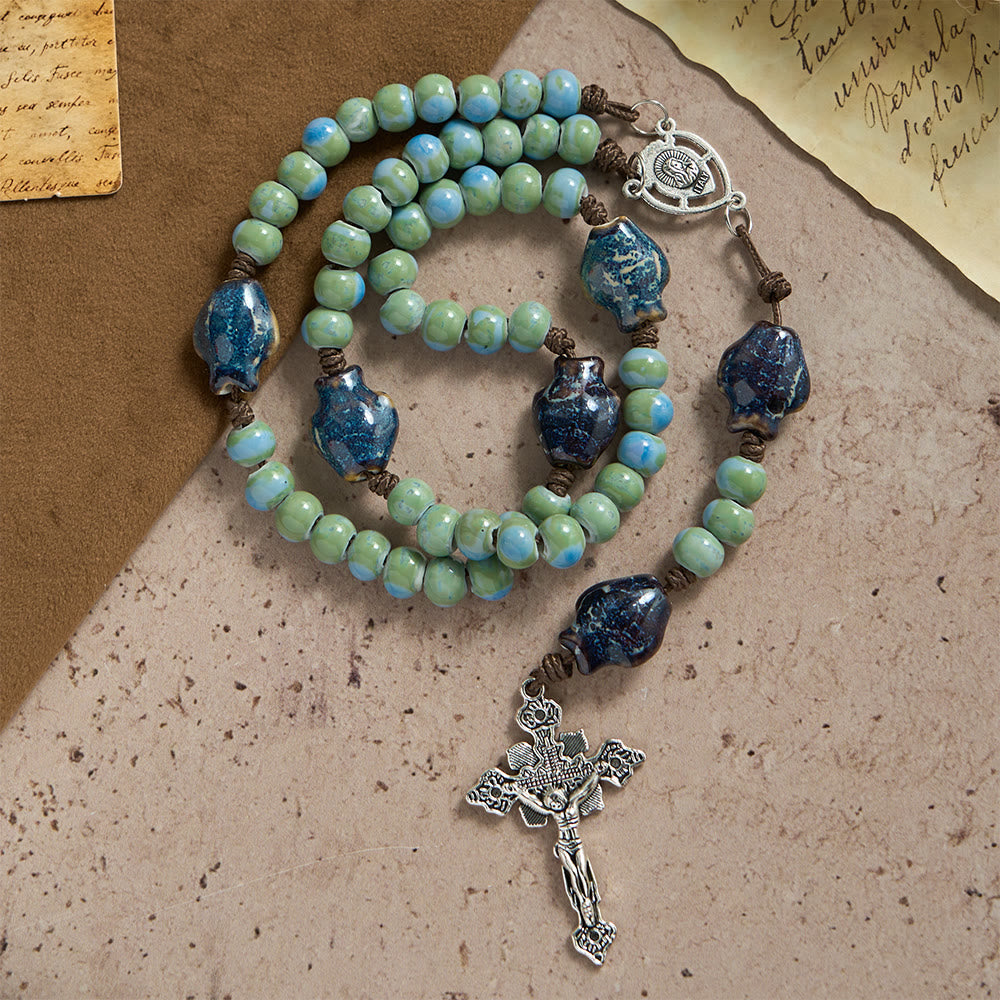 Christianartworkshop Orchid Fish Ceramic Spacer Rosary with Sacred Heart Accents & Ornate Crucifix - image 2