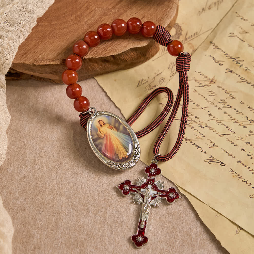 Christianartworkshop Divine Mercy Guardian Pocket Rosary with Natural Red Agate Beads - image 0