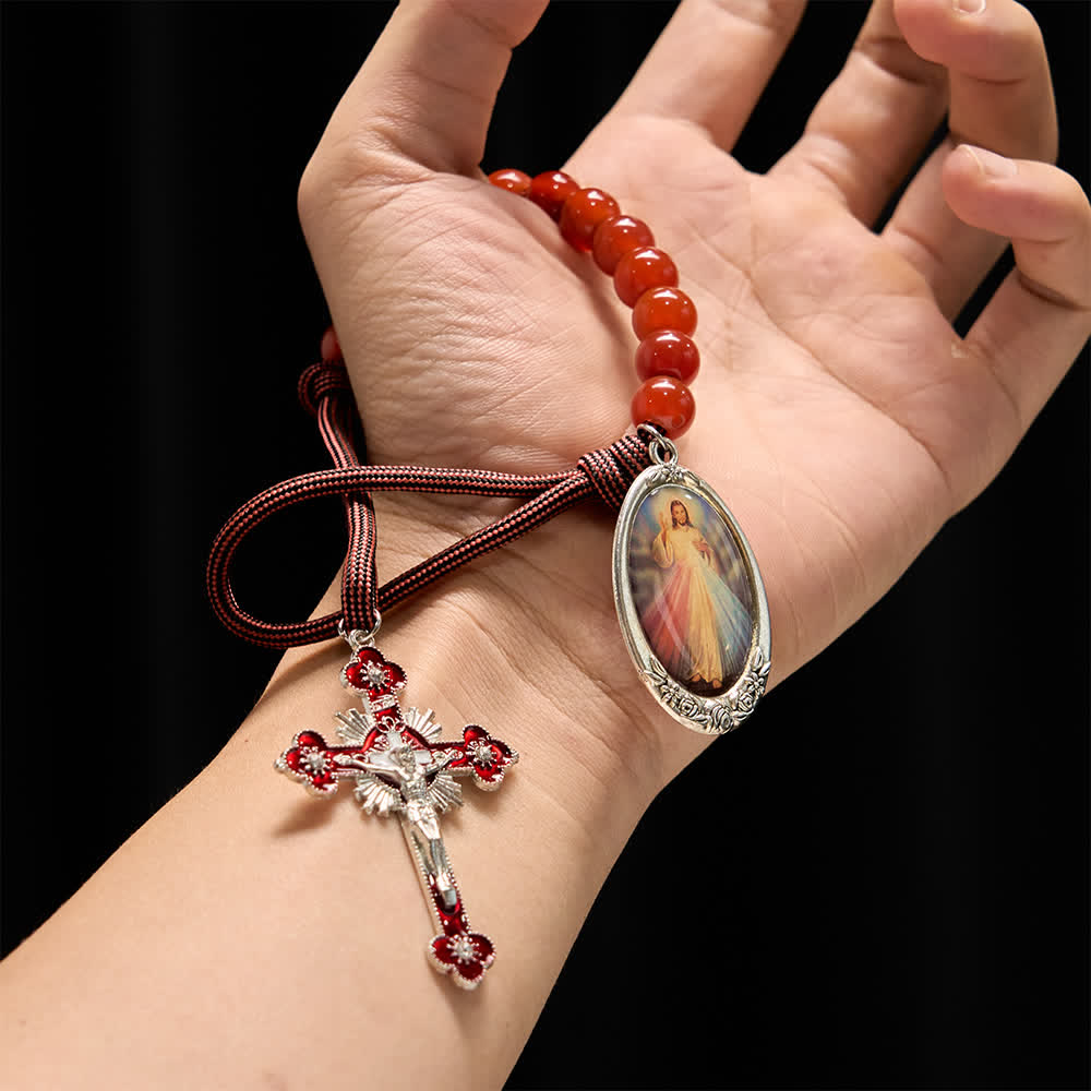 Christianartworkshop Divine Mercy Guardian Pocket Rosary with Natural Red Agate Beads - image 1