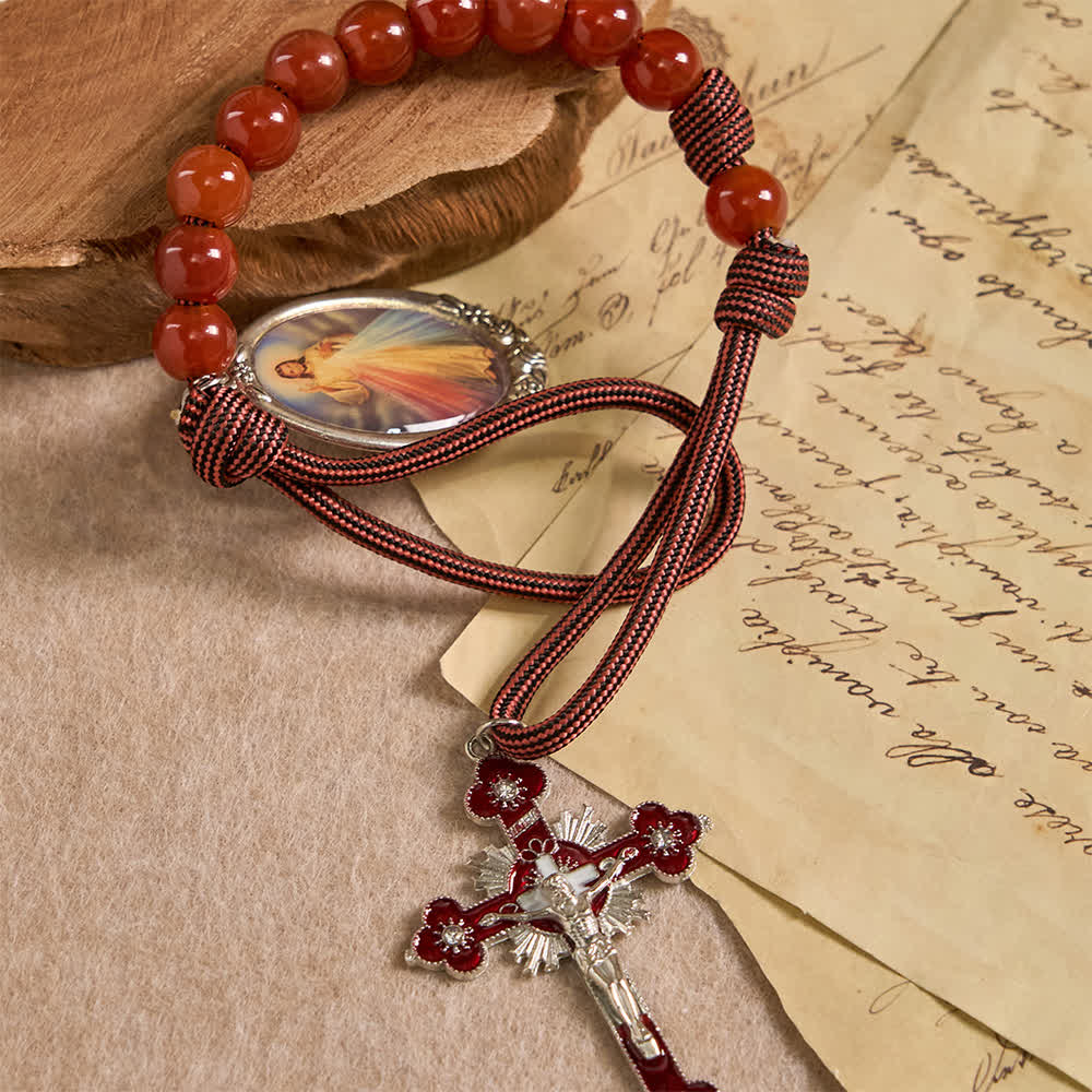 Christianartworkshop Divine Mercy Guardian Pocket Rosary with Natural Red Agate Beads - Divine Mercy & Crucifix - image 2