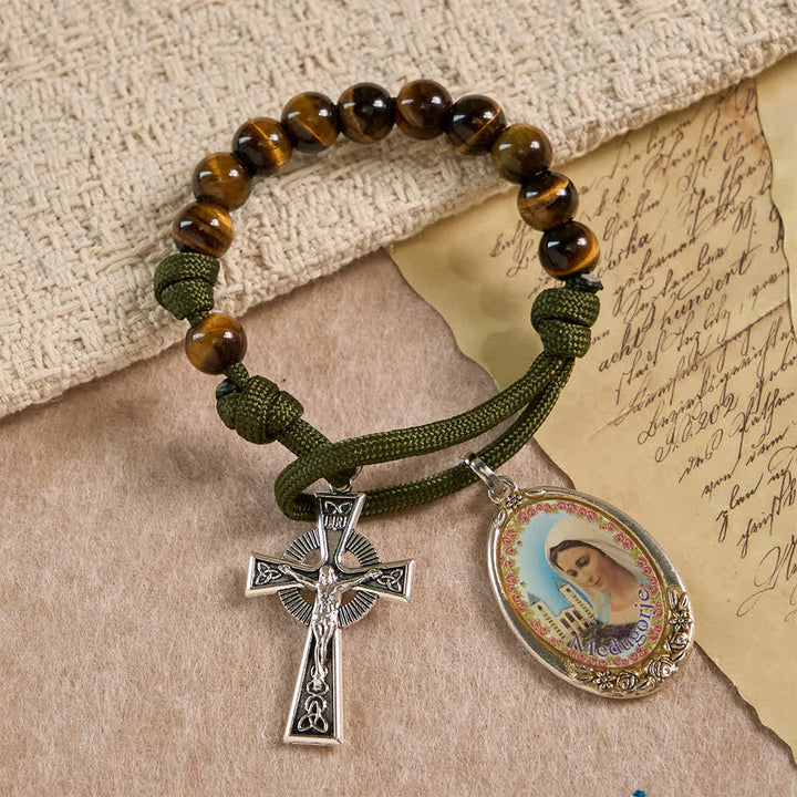Christianartworkshop Tiger Eye Pocket Rosary with Divine Mercy: Courage & Faith with Paracord Design - image 3