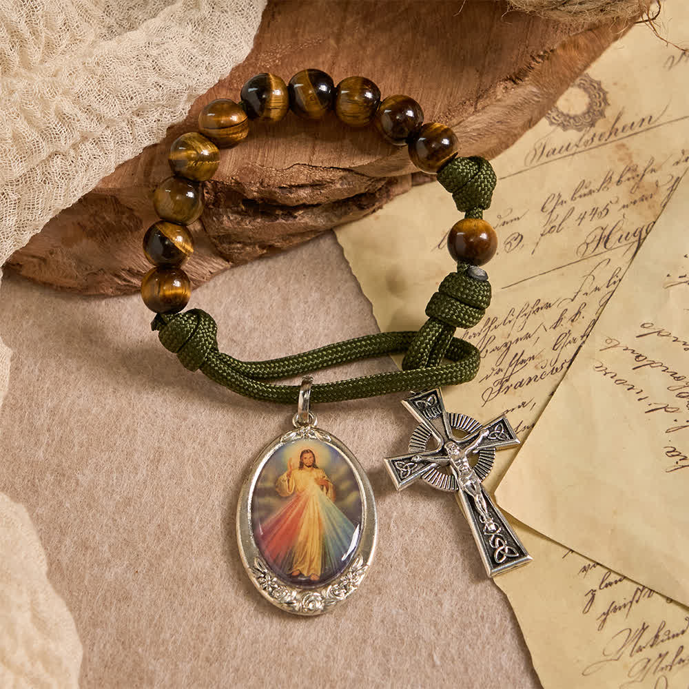 Christianartworkshop Tiger Eye Pocket Rosary with Divine Mercy: Courage & Faith with Paracord Design - Divine Mercy & Crucifix - image 0