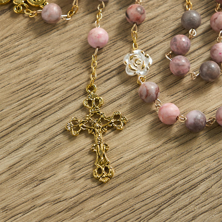 Christianartworkshop Pink Zebra Natural Stone Rosary with Camellia Accents & Miraculous Medal - image 8