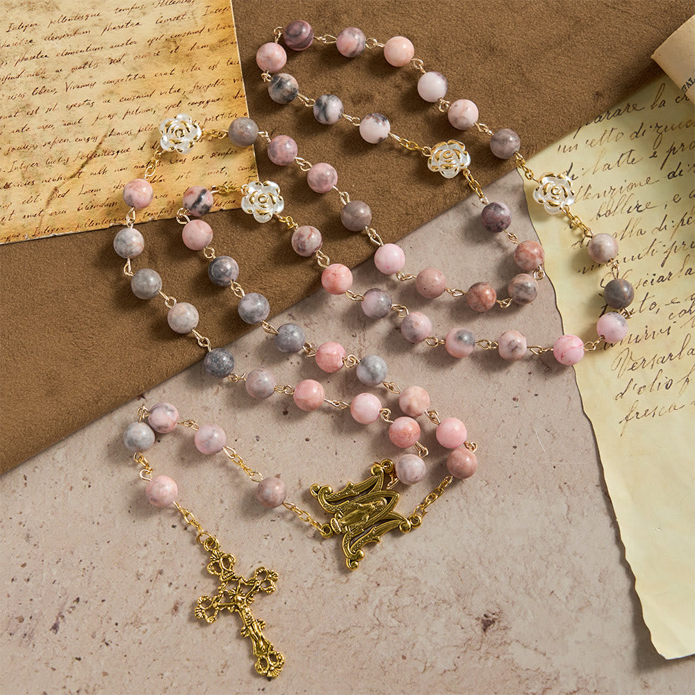 Christianartworkshop Pink Zebra Natural Stone Rosary with Camellia Accents & Miraculous Medal - image 3