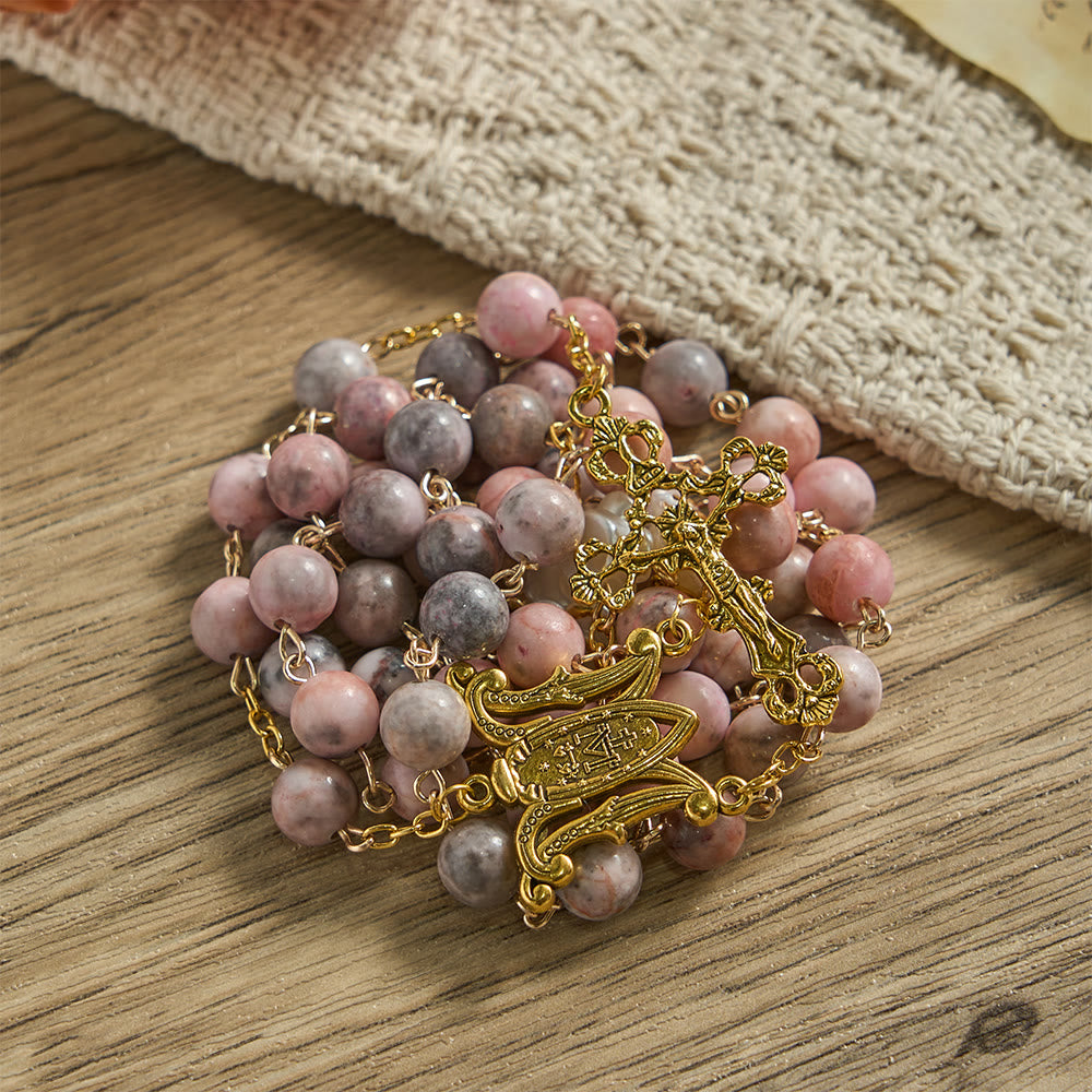 Christianartworkshop Pink Zebra Natural Stone Rosary with Camellia Accents & Miraculous Medal - image 5