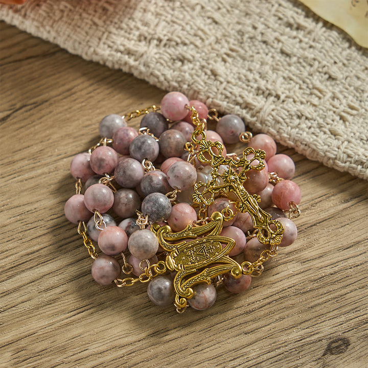 Christianartworkshop Pink Zebra Natural Stone Rosary with Camellia Accents & Miraculous Medal - image 5
