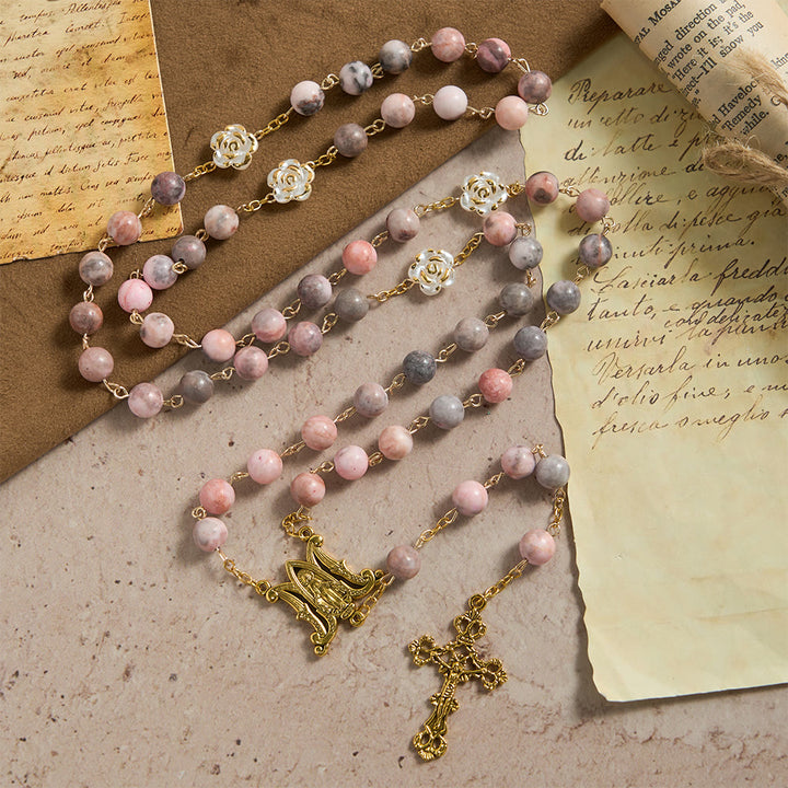 Christianartworkshop Pink Zebra Natural Stone Rosary with Camellia Accents & Miraculous Medal - Miraculous Medal & Crucifix - image 0