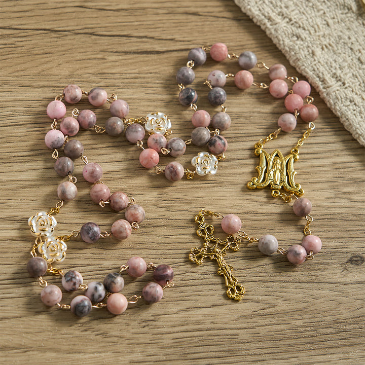 Christianartworkshop Pink Zebra Natural Stone Rosary with Camellia Accents & Miraculous Medal - image 2