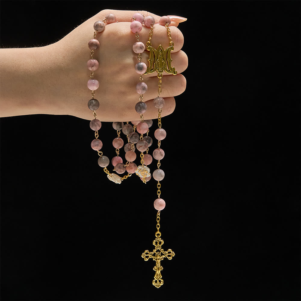 Christianartworkshop Pink Zebra Natural Stone Rosary with Camellia Accents & Miraculous Medal - image 1