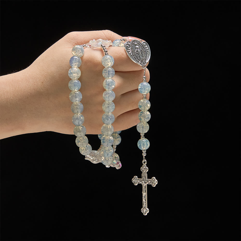 Christianartworkshop Pale Green Glass Bead Rosary with Rose Embellishments & Miraculous Medal - image 1