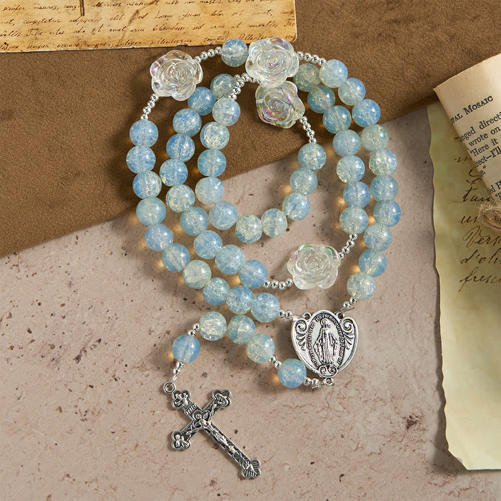 Christianartworkshop Pale Green Glass Bead Rosary with Rose Embellishments & Miraculous Medal - image 4