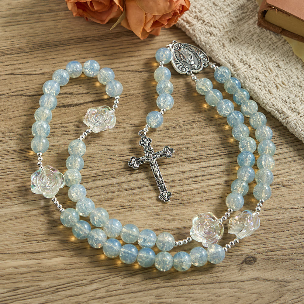 Christianartworkshop Pale Green Glass Bead Rosary with Rose Embellishments & Miraculous Medal - Green - image 0