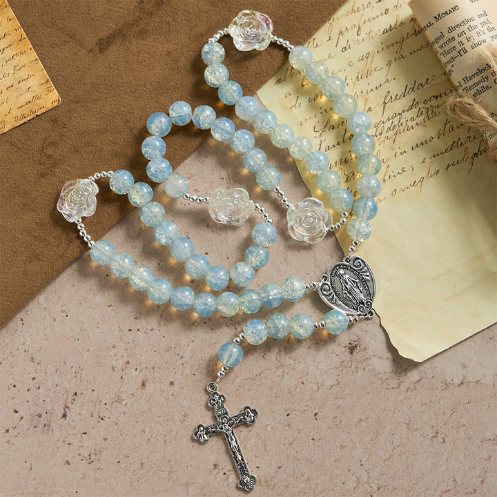 Christianartworkshop Pale Green Glass Bead Rosary with Rose Embellishments & Miraculous Medal - image 3