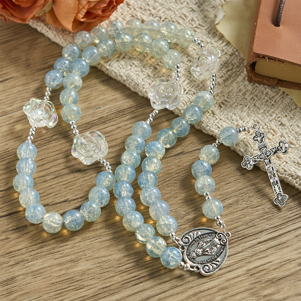 Christianartworkshop Pale Green Glass Bead Rosary with Rose Embellishments & Miraculous Medal - image 2