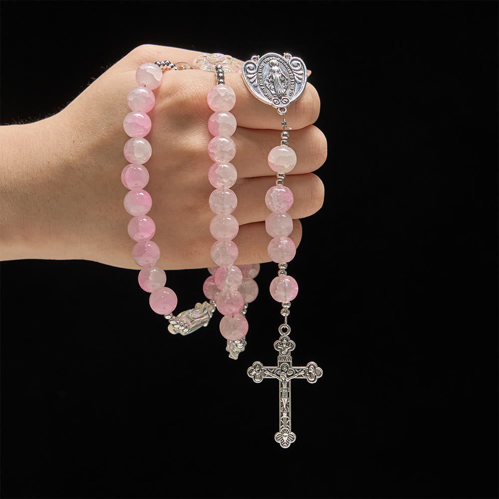 Christianartworkshop Pink Glass Bead Rosary with Rose Embellishments & Miraculous Medal - image 1