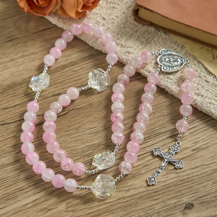 Christianartworkshop Pale Green Glass Bead Rosary with Rose Embellishments & Miraculous Medal - image 10
