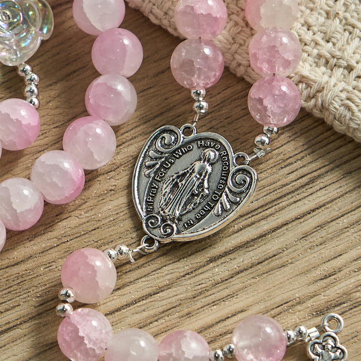Christianartworkshop Pink Glass Bead Rosary with Rose Embellishments & Miraculous Medal - image 6