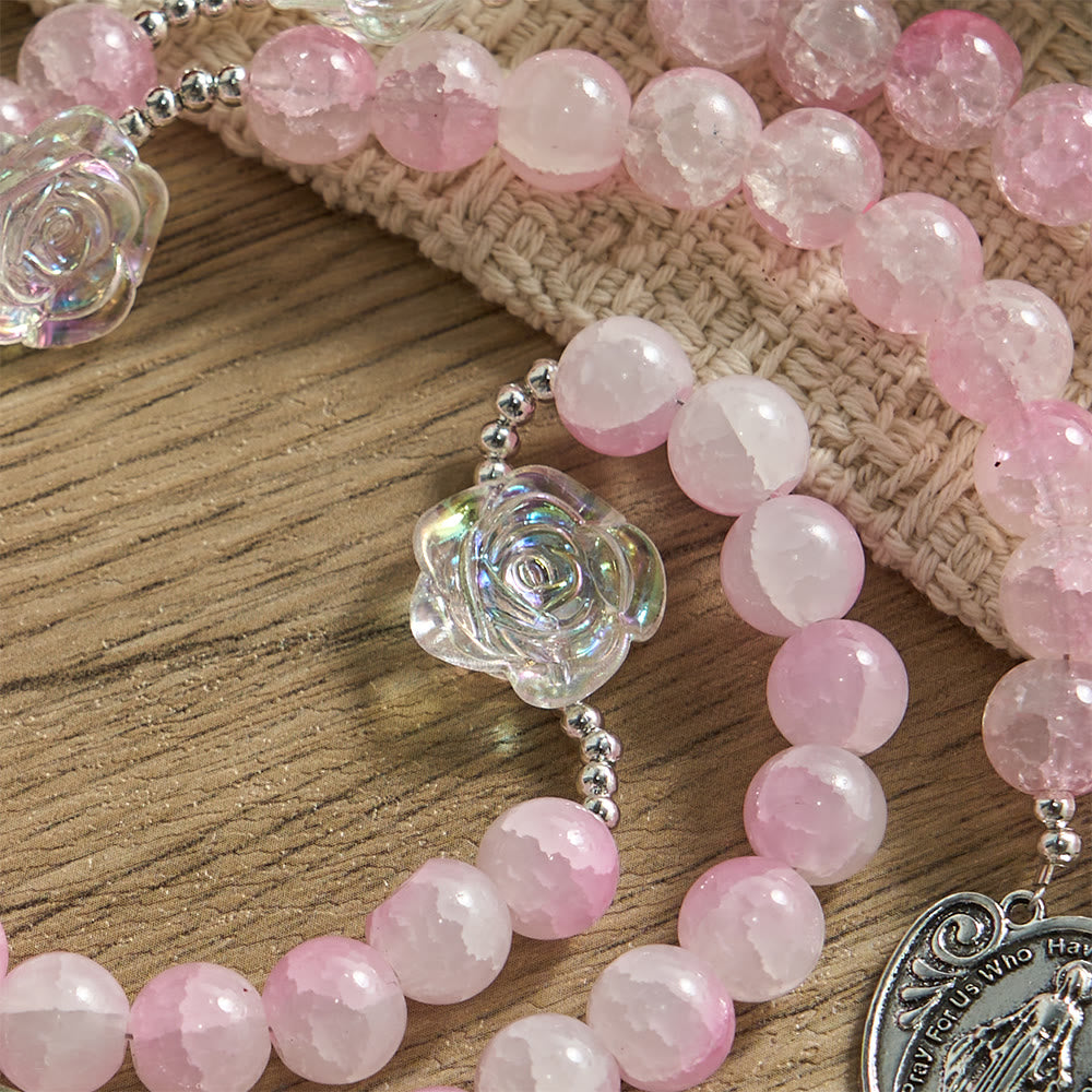 Christianartworkshop Pale Green Glass Bead Rosary with Rose Embellishments & Miraculous Medal - image 13