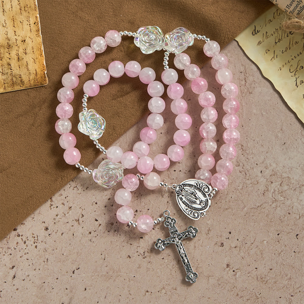 Christianartworkshop Pink Glass Bead Rosary with Rose Embellishments & Miraculous Medal - image 3