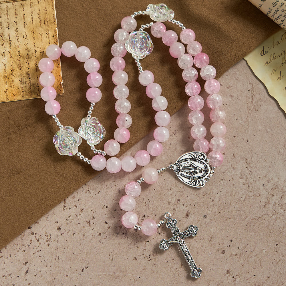 Christianartworkshop Pink Glass Bead Rosary with Rose Embellishments & Miraculous Medal - image 4