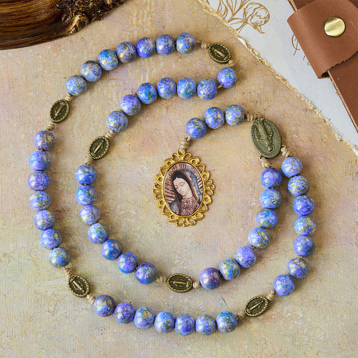 Christianartworkshop Blessed Our Lady Seven Sorrows Rosary with Purple Blue Oil-Paint Beads & Our Lady Medal - image 1