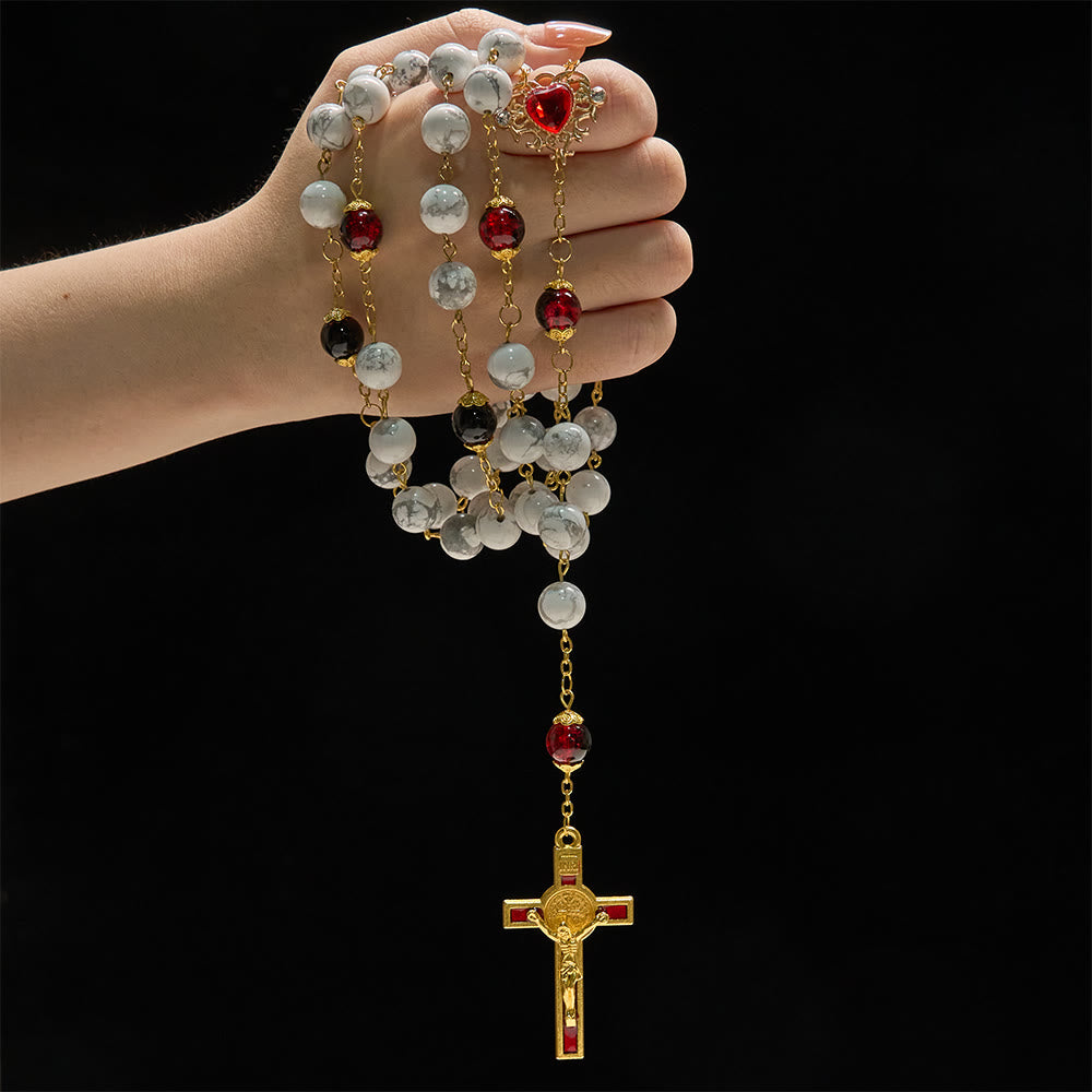 Christianartworkshop White Turquoise Rosary with Red-Black Glass Bead Accents & Sacred Heart Crucifix - image 1