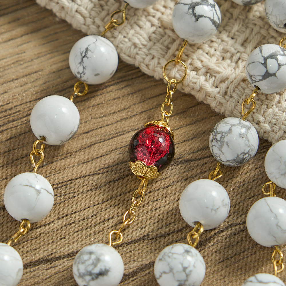 Christianartworkshop White Turquoise Rosary with Red-Black Glass Bead Accents & Sacred Heart Crucifix - image 6